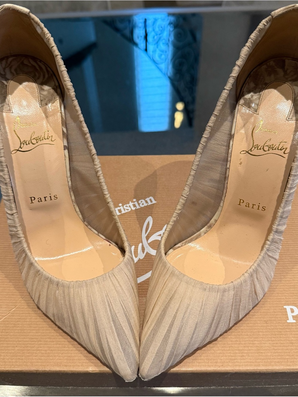 Christian Louboutin Beige Pleated Pointed-Toe Pumps